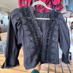 Small black Free People Louella embroidered crochet cropped cotton top